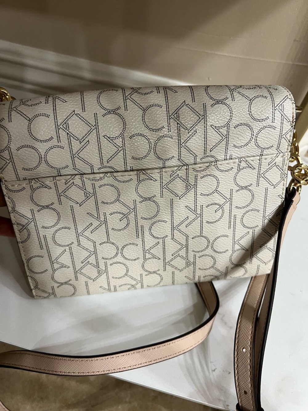 Calvin Klein Cream Monogram Crossbody Bag with Gold Accents - Picture 3 of 5